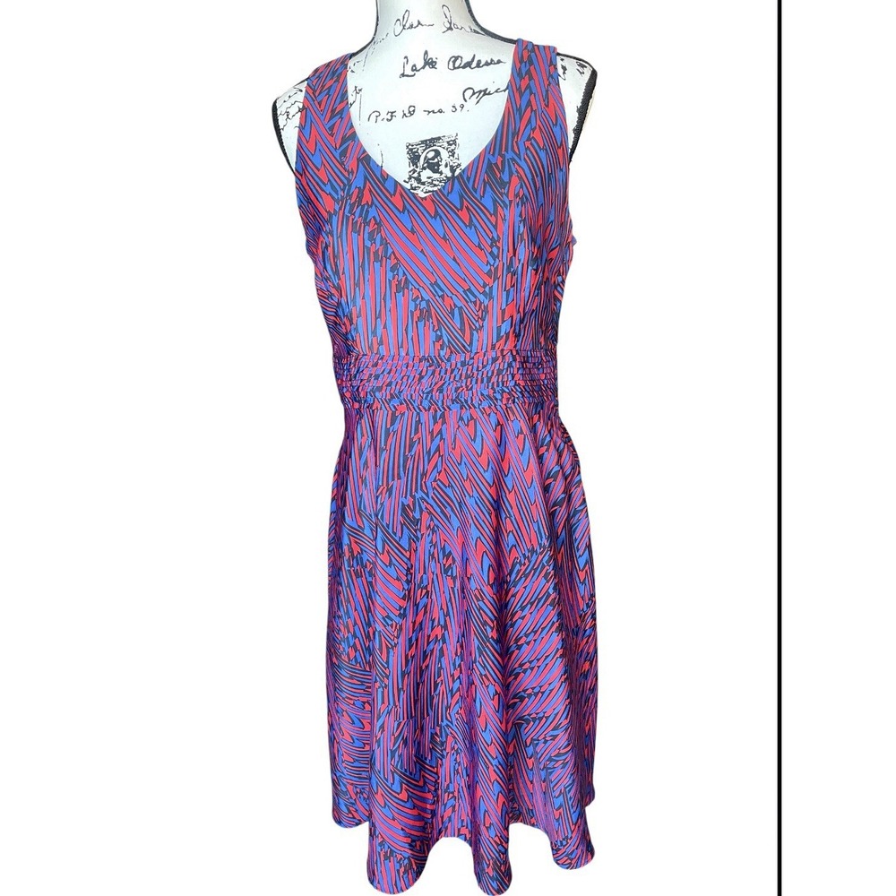 Banana Republic Sleeveless Fit‎ & Flare Dress Blue Red Festive Midi Size 10